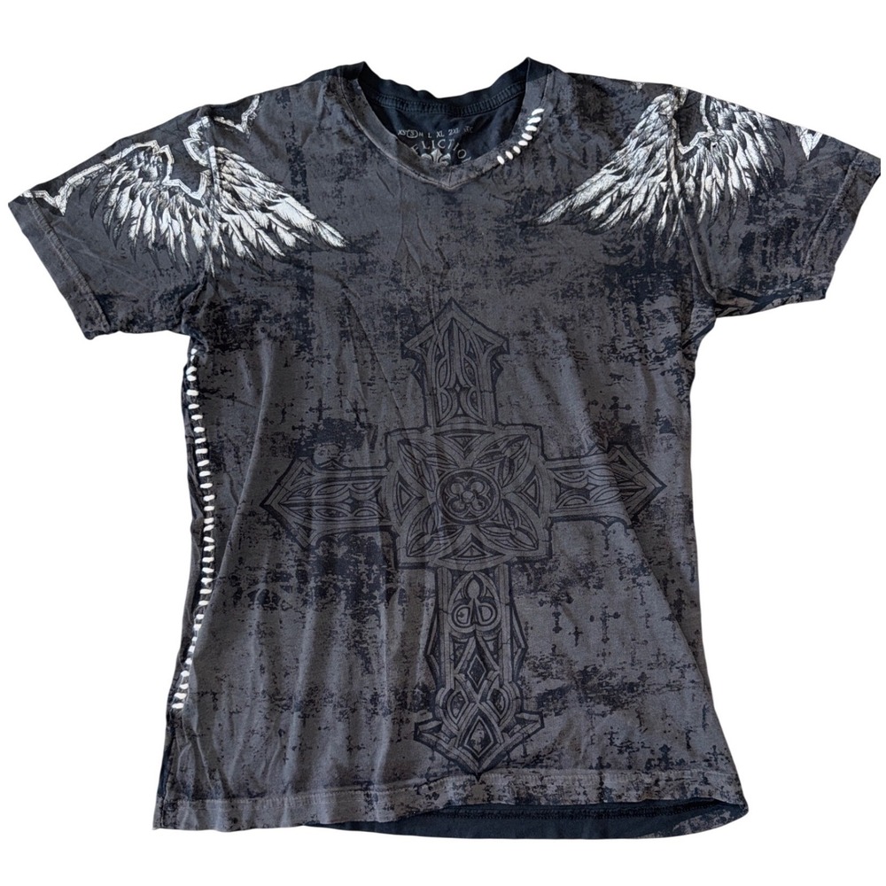Affliction Live Fast Mens Small Graphic T-Shirt Angel Wings Cross Distressed